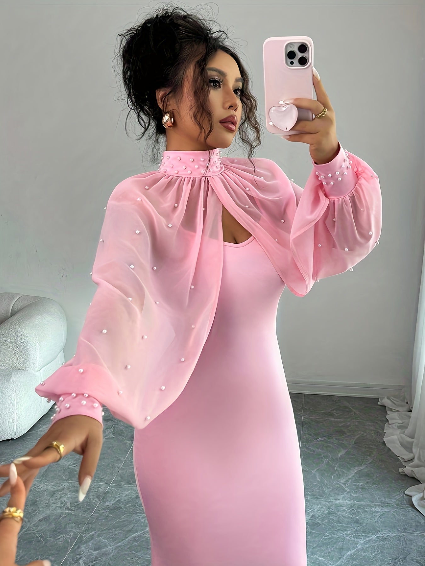 WY251221079 Elenzga New Elegant Mature Charm Evening Gown, Graceful and Gentle, Dreamy Pink, Hand-beaded Long Sleeve Top, Elegant Mermaid Fit Strapless Dress Set, Spring/Summer Women's Wear