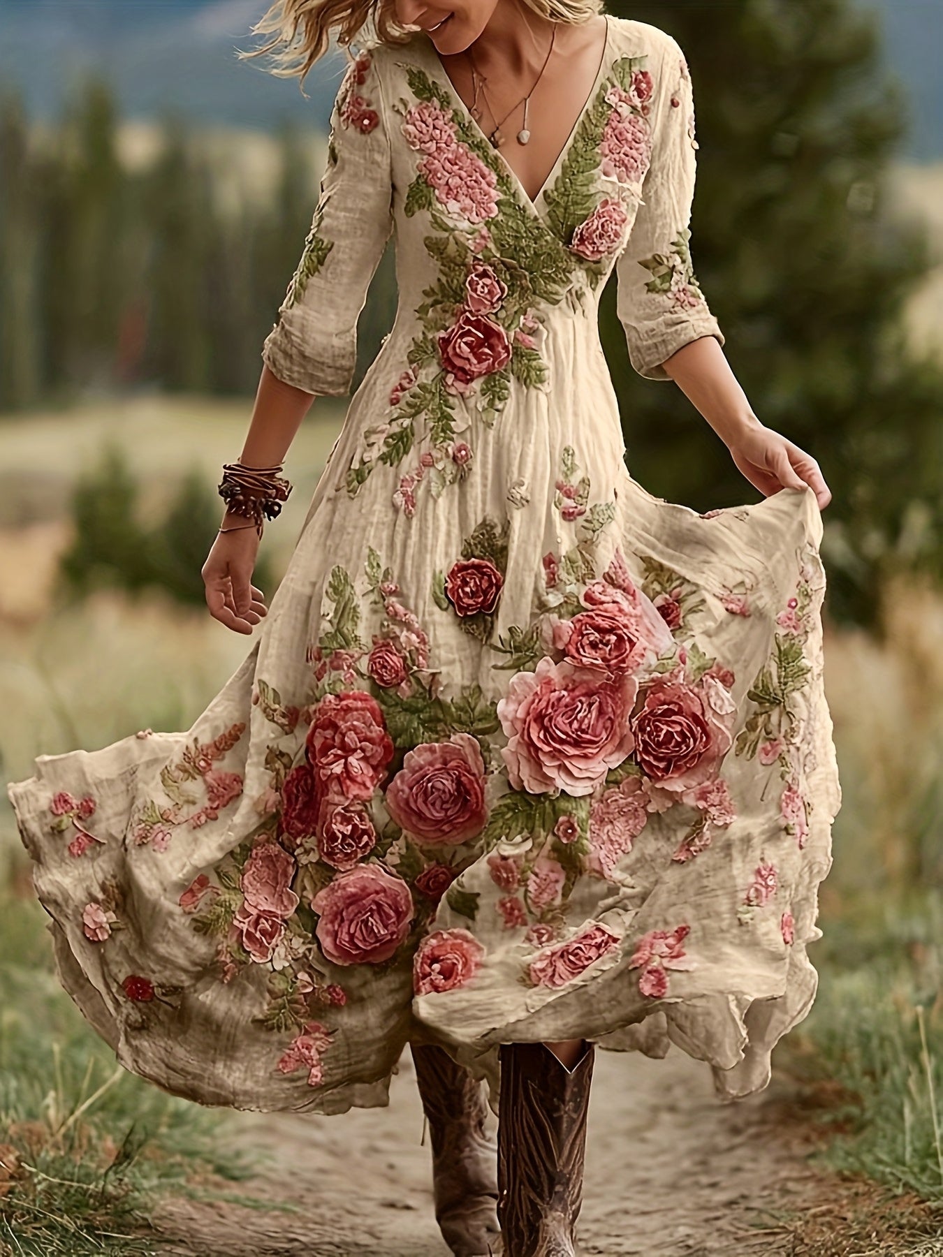 Women's Bohemian A-Line Dress with V-Neck & Cross Back Straps - Short Front Slit & Flowing Floor-Length Skirt, Wedding Guest Gown for Spring Summer Fall Parties, Short Front Long Back Dress (No Underbelly)