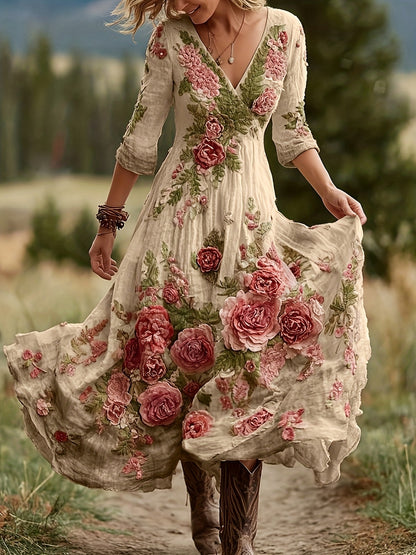 Women's Bohemian A-Line Dress with V-Neck & Cross Back Straps - Short Front Slit & Flowing Floor-Length Skirt, Wedding Guest Gown for Spring Summer Fall Parties, Short Front Long Back Dress (No Underbelly)
