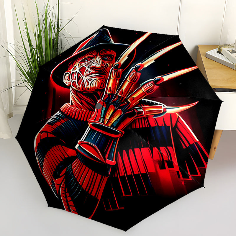 Horror Character 3 Theme Automatic Folding Umbrella 8-Rib Durable Design Windproof Portable Travel Umbrella - Vibrant Red & Black Artwork, Compact for Commuting, Gifts, Commuter Umbrella, Bold Visual Design, Sturdy Iron Ribs