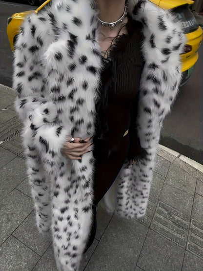 Ladies' Faux Jacket - Black And White Dalmatian Pattern Fluffy Outerwear for Fall/Winter 2025. Vegan-Friendly Fox Coat for Women - Oversized Spotted Black And White Jacket - Cozy And Fashionable Winter Outerwear. New Women'S