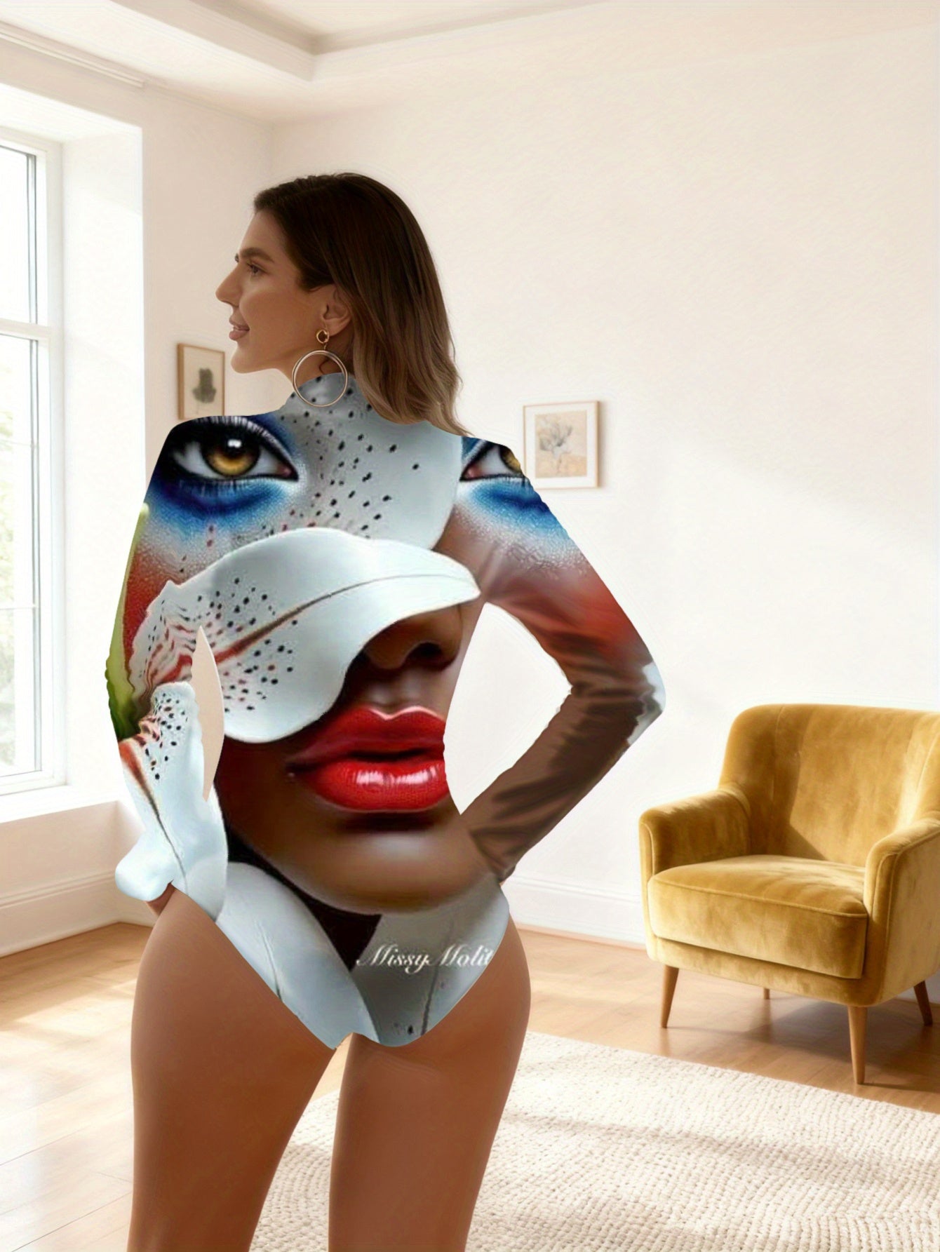 Women'S 3D Printed White Lilies with Red Streaks Bodysuit - Elegant Long Sleeved Bodysuit Suitable for All Seasons, Perfect for Parties, Weddings, Cultural Events, And Casual Wear Mach, Wedding Attire, Formal Occasions, Femin