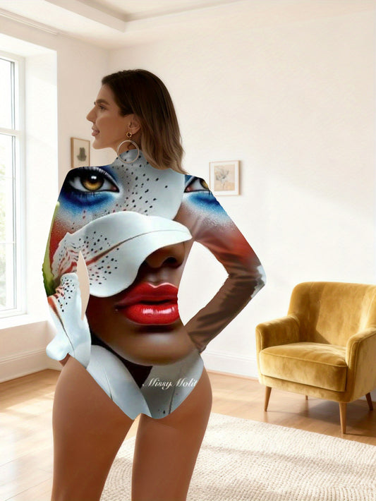 Women'S 3D Printed White Lilies with Red Streaks Bodysuit - Elegant Long Sleeved Bodysuit Suitable for All Seasons, Perfect for Parties, Weddings, Cultural Events, And Casual Wear Mach, Wedding Attire, Formal Occasions, Femin