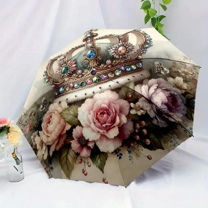 1pc Automatic Open/Close Umbrella with One-Touch Button, Compact Folding Canopy, Automatic  Umbrella with Umbrella Stand Compatible, Elegant Crown Floral Design (Pink/White/Blue/Golden) - Lightweight for Men & Women, 8-Rib St