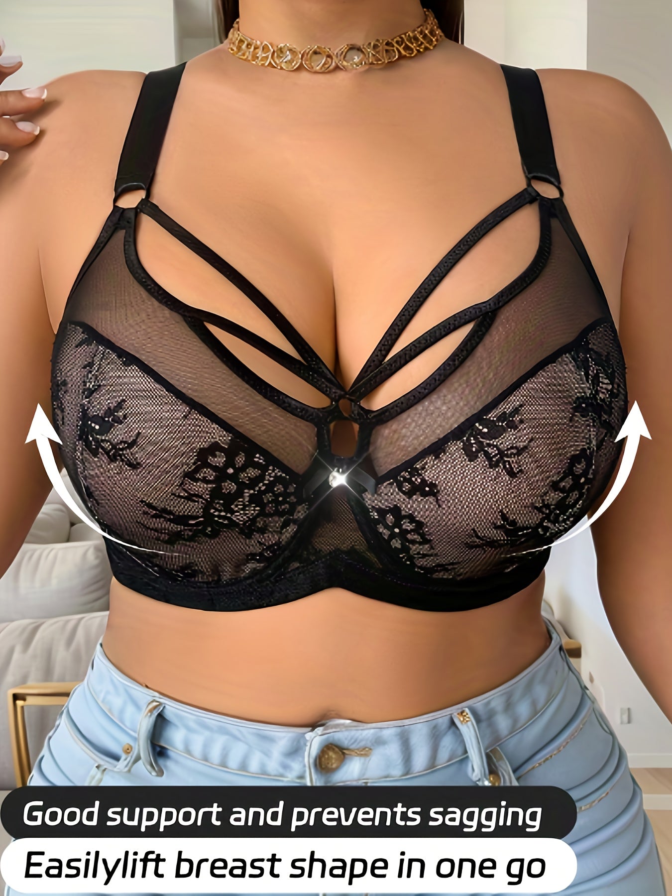 Plus Size Full-Coverage Wire-Free Bra with Lace Front & Cross-Back Strap - No Padding, Low-Maintenance Large Bust, Comfortable Everyday & Special Occasion Underwear for ( Lift, No Underwire)