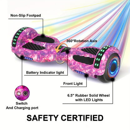 6.5" Hoverboard for Kids, LED Lights, Self-Balance Technology, Music Player, Gift for Children, Teenagers And Adults, Maximum Speed Up to 7.5mph, Maximum Range Of 7.5 Miles, 300W, Fun Ride, Urban Commuting, Sleek Design, Mode