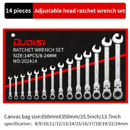 6-14pcs Professional Adjustable Ratchet Wrench Set With Storage Bag -6-24mm Durable CR-V Telescopic Head Socket Wrench Set, Suitable For Automobile, Home And Bicycle Maintenance-compact Heavy Machinery Tools.