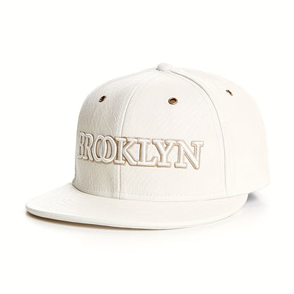 White Faux Leather BROOKLYN Letter Flat Brim Hat Fashionable Adult Men and Women Casual Unique Sports