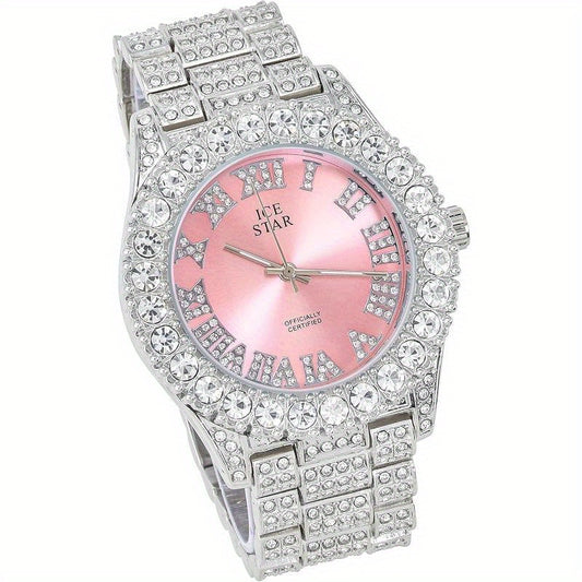 Womens Iced Solitaire Bezel Watch & Tennis Bracelet Set, 44mm Case, Women'S Jewelry Set, Gift for Her, Luxury Accessories, Sophisticated Style, Chic Design, Durable Bracelet, Highquality Jewelry, Matching Set, Bracelet And Wa