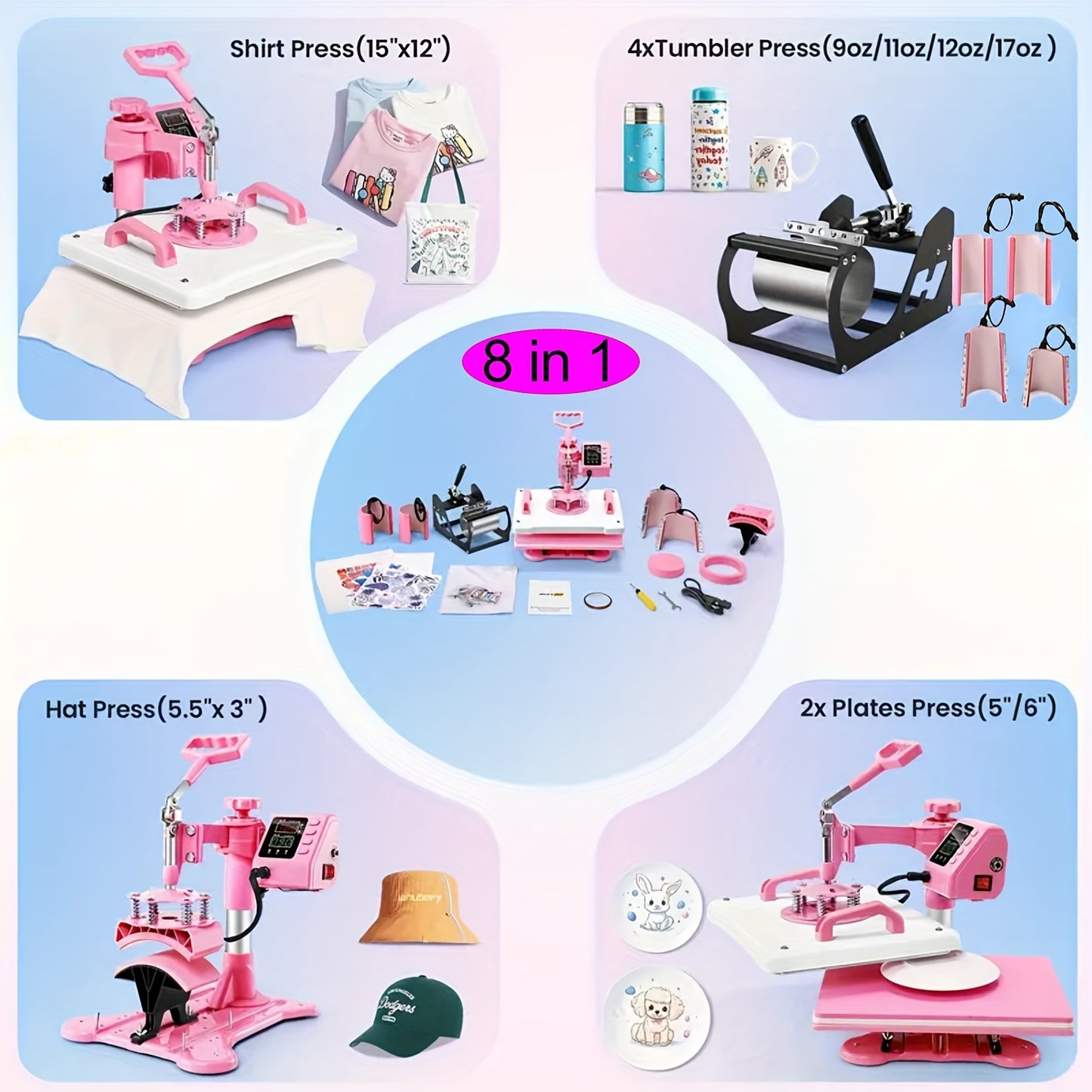15"x15"/15"x12" - 8in 1/5in 1 Heat Press Combo, Rotatable Design, Multi-Size Transfer Professional Sublimation Kit, Suitable for T-Shirts, Bags, Pillows, Hats, Beanies, Rollers - Three-in-One Automatic Hat Press Only for Hats