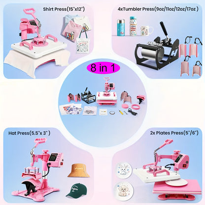 15"x15"/15"x12" - 8in 1/5in 1 Heat Press Combo, Rotatable Design, Multi-Size Transfer Professional Sublimation Kit, Suitable for T-Shirts, Bags, Pillows, Hats, Beanies, Rollers - Three-in-One Automatic Hat Press Only for Hats