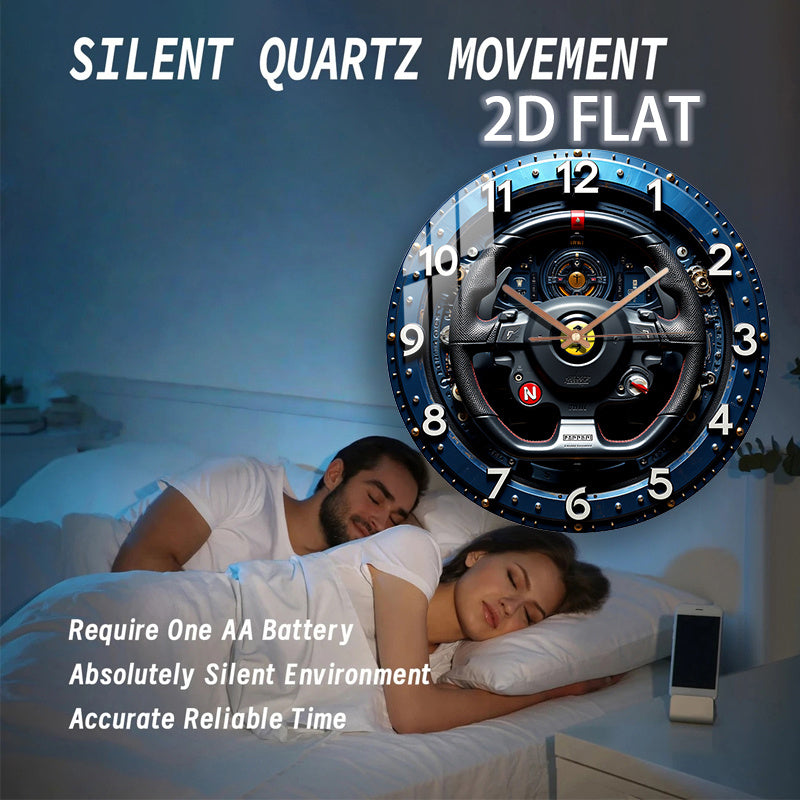 12-Inch Racing Car Steering Wheel Wall Clock - Silent Quartz Movement, Black & Yellow with Red N Emblem & Metallic Accent - Glass Round Clock for Home, Garage, Office, for Man Cave Decor - Ideal Gift for Motorsport Fans (AA B