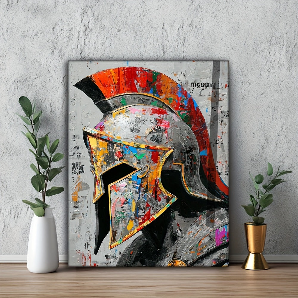 1pc Framed Spartan Helmet Canvas Art - 12x16 Inch HD Oil Painting, Bold Warrior Design with Red & Golden Accents, Modern Home Decor for Living Room, Bedroom, Office - Urban Graffiti Style, Canvas Wall Art, Bedroom Artwork, De
