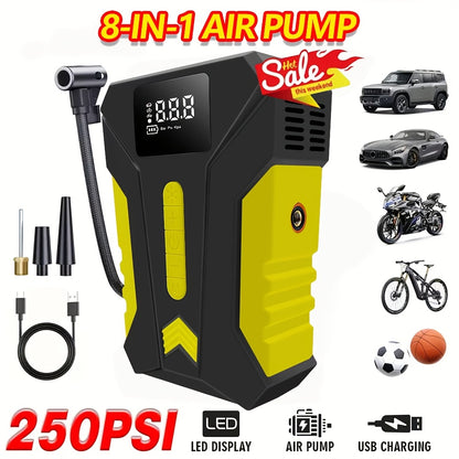 12000A Peak Car Emergency Starter & 250PSI Portable Tire Inflator, 12V (Allgas/ 2.11 Gallons Diesel) Quick Start Vehicle, Portable Car Battery Charger, USB Input/ Output, LED Emergency Light, Auto Additions Tool
