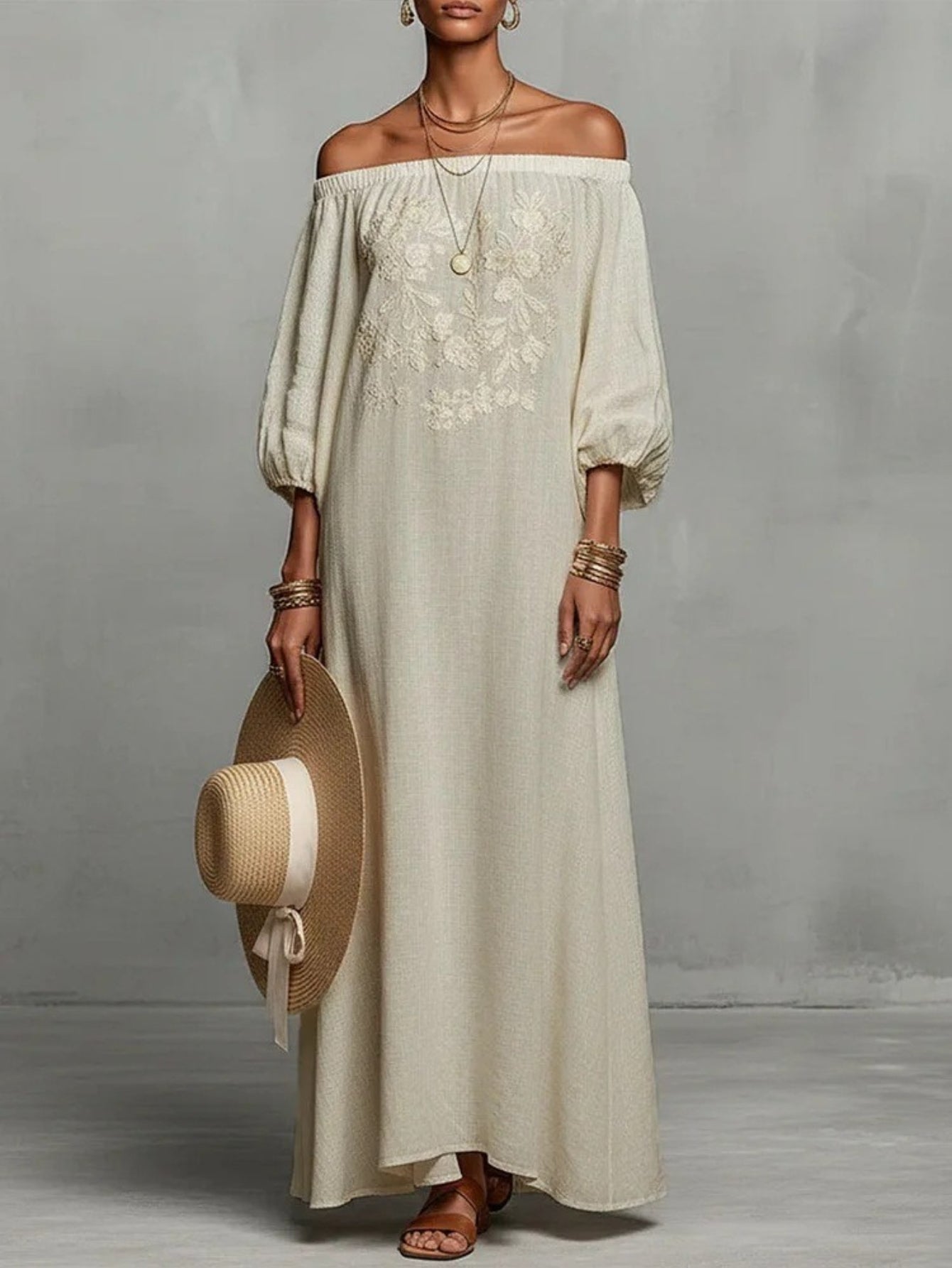 2026 Elegant Floral Off-Shoulder Long Vacation Dress