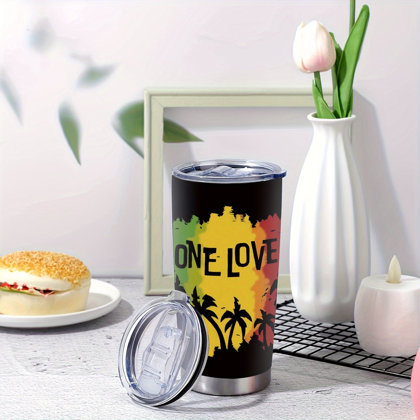 1-Pack 20oz Insulated Stainless Steel Tumbler with Lid - One Love Reggae-Themed Leakproof & -Slip Travel Cup, Green/Yellow/Red Rasta Colors, Flag Design for Camping, Office, Parties - Hand Wash Only (Bob Marley Inspired)
