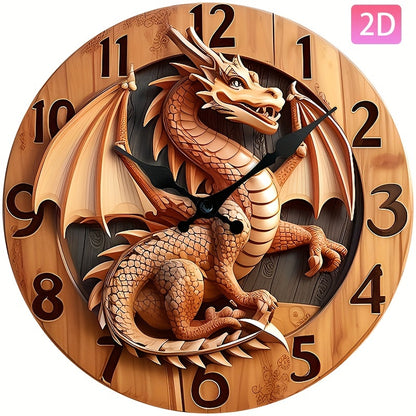 3D Dragon Wall Clock with Japanese Quartz Movement & Auto-Ringing Bell - Silent Sweep Mechanism, Large Black Hands, Asian-Inspired Artificial Wood Round Clock for Home/Office (Battery, AAA Batteries Not Included) - Dragon