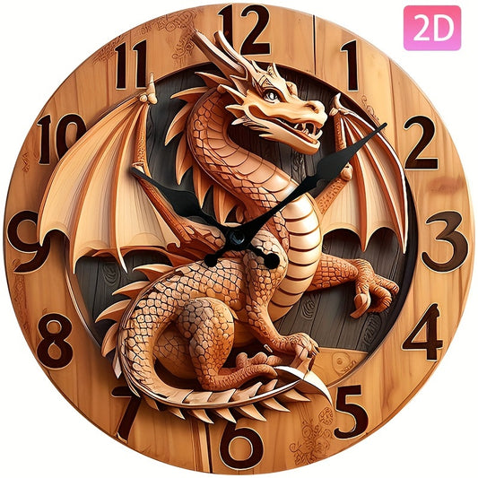 3D Dragon Wall Clock with Japanese Quartz Movement & Auto-Ringing Bell - Silent Sweep Mechanism, Large Black Hands, Asian-Inspired Artificial Wood Round Clock for Home/Office (Battery, AAA Batteries Not Included) - Dragon