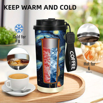 1pc Van Gogh Starry Night & Black Cat Stainless Steel Tumbler - Double-Wall Vacuum Insulated Coffee Cup with Handle, Leakproof & Shatterproof Design, Van Gogh Artwork, Birthday Gift for Men & Women, Travel Mug