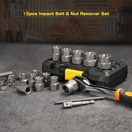 15pcs Nut Extractor Set, 13pcs Bolt And Nut Remover, 1pc Iron Bar (If The Nut Is Still Stuck In The Sleeve When Removing It, Use It To Knock It Out), 1pc 1/4 '' To 3/8 "drive Hexagonal Socket Adapter