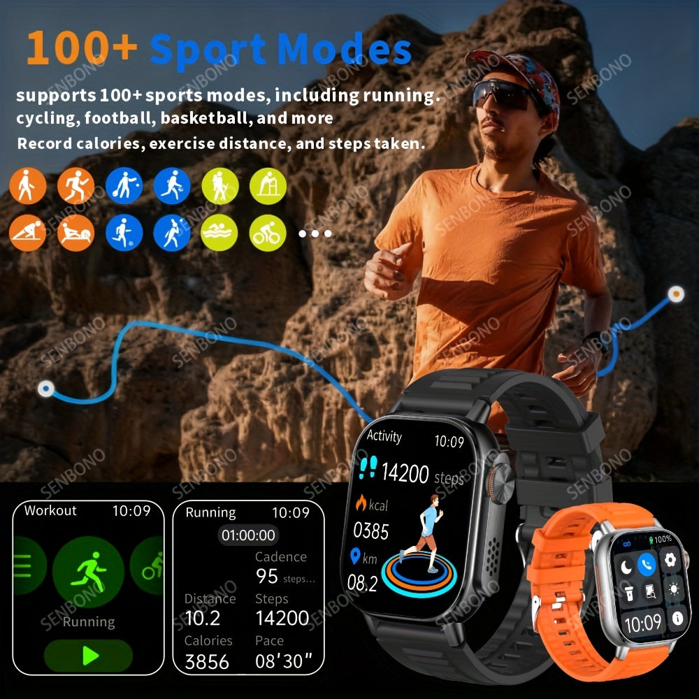 SENBONO Sports Smartwatch with 1000mAh Large Battery, 2.01inch HD Square Display, Wireless 5.4, LED Flashlight, Compass, Diversified Dial, Sleep Monitoring, 100+ Sports Modes, Outdoor Smartwatch, Ideal Gift, Fitness Tracker,