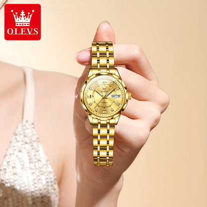 OLEVS Women'S Stainless Steel Automatic Mechanical Watch with Luminous Hands & Chronograph - Golden-Tone Elegant Round Watch, High Quality (Not), Luxury Analog Wristwatch for Women, No Battery/Easy Maintenance, Durable Everyd