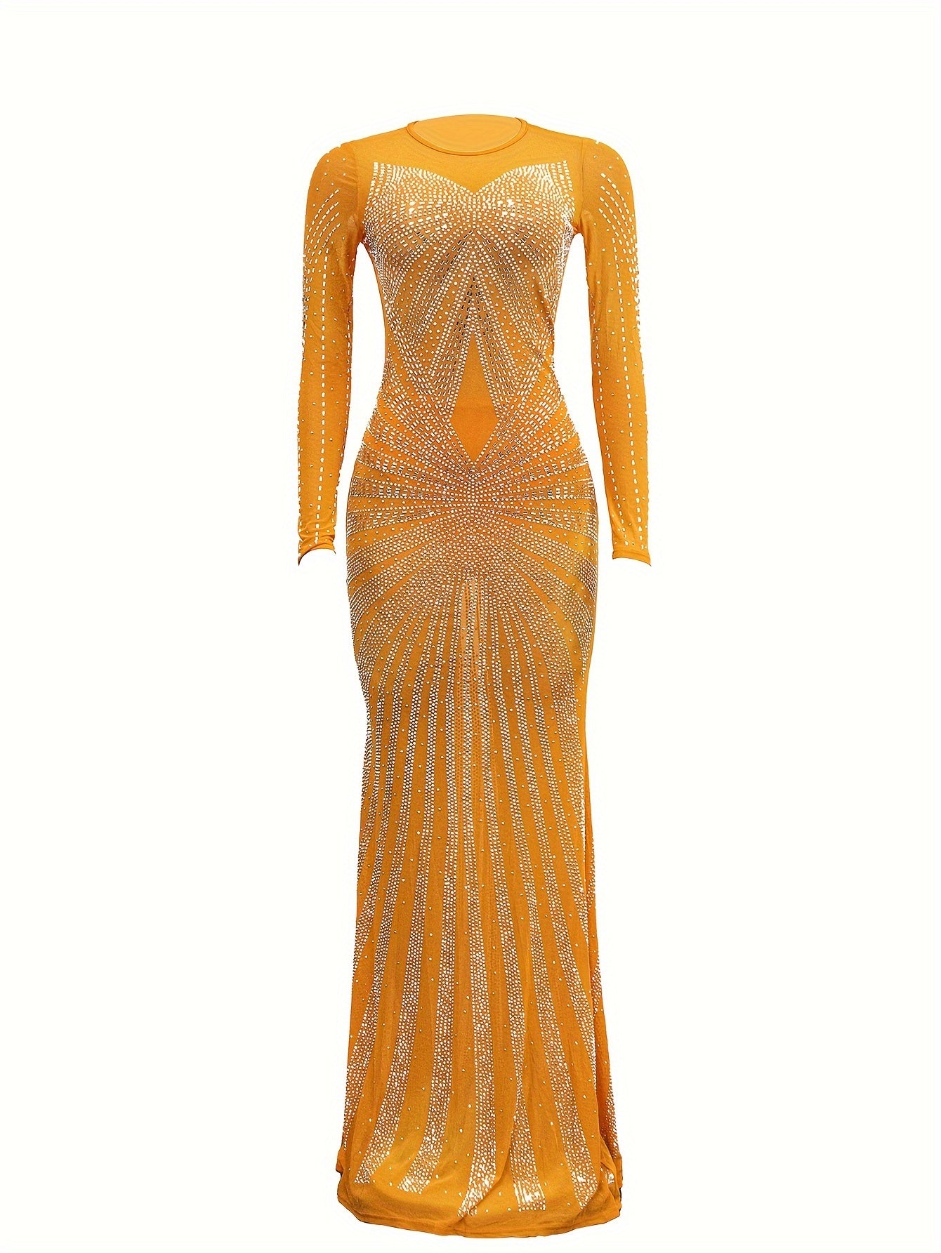 Long Sleeve Maxi Dress - Elegant Sheer Mesh with Rhinestone Detail - Bodycon Fit for Women - Perfect for Spring/Summer/Fall