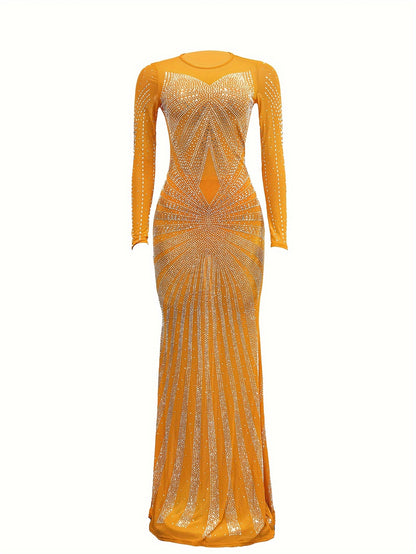 Long Sleeve Maxi Dress - Elegant Sheer Mesh with Rhinestone Detail - Bodycon Fit for Women - Perfect for Spring/Summer/Fall
