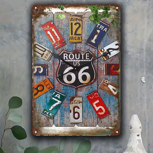 2D Flat - 1pc Vintage Route 66 Metal Wall Clock - 8x12 Inch Rustic Iron Sign with Classic Car Design, Durable Wall-Mounted Decor for Bathroom, Restroom, and School | No Electricity Needed, Easy to Hang, Bathroom Wall Clock |
