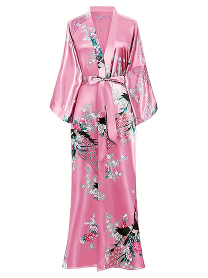Elegant Floral Kimono Women's Robe - Soft and Light Beige-Friendly V-Neck Geometric Pattern All-Season Comfortable Casual Pajamas Pajamas