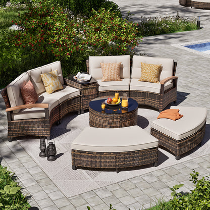 8-11pcs Outdoor Patio Furniture Set, Half-Moon Curved Sectional Sofa Rattan Patio Conversation Set with Wood Armrests for Porch, Backyard - Tempered Glass Round Coffee Table & Side Table, Patio Furniture And Decor, Patio Set,