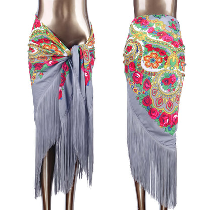 Women'S Luxury Boho Floral Fringe Hip Scarf - Elegant Belly Dance Wrap Skirt & Shawl with Tassel Hem, Vibrant Red Color Options, Multicolor Printed Bohemian Style for Beach, Festival, Party, Travel - Versatile Sarong Cover Up