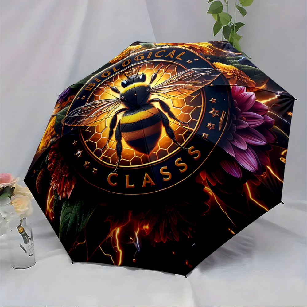 1pc Automatic Umbrella with Biological Class Print (Bee & Flower Design) - Automatic Opening/ Closing, 8-Rib Compact Canopy, Collapsible Portable for / - Unique Science-Themed Gift for Christmas, Birthdays & Everyday Use