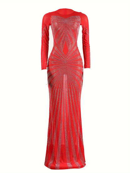 Long Sleeve Maxi Dress - Elegant Sheer Mesh with Rhinestone Detail - Bodycon Fit for Women - Perfect for Spring/Summer/Fall