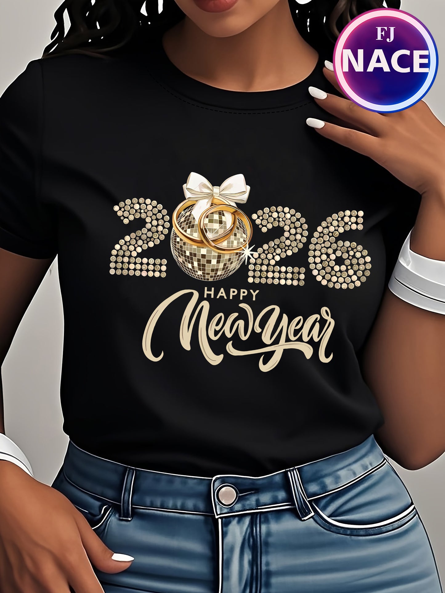 Women's 2026 New Year T-Shirt - Casual Round Neck Short Sleeve - Black & Golden Party Outfit for NYE 2026 Celebrations - Golden 2026 Number & Happy New Year Lettering with Rhinestone-Like 2026 Accent (Machine Washable)