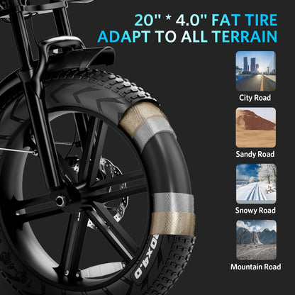 1-Pedal /Electric Bike - Heavy-Duty All-Terrain 20" Tire Electric Mountain Bike with 740W Motor, 48V 15Ah Removable Battery, 7-Speed Gear System, Front/Rear Disc Brakes, Global Voltage 100-240V, Global Plug Compatibility, All