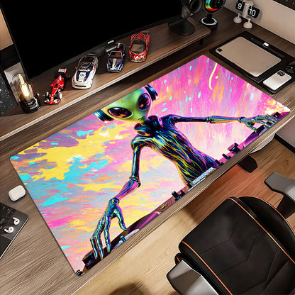 1pc Large Alien DJ Gaming Desk Mat & Mouse Pad - Neon Glow Green/Blue/Pink/Black/Purple, Non-Slip Surface, DJ Turntable Design Computer Accessory for PC/Laptop, Ideal Gift for Gamers & Music Producers