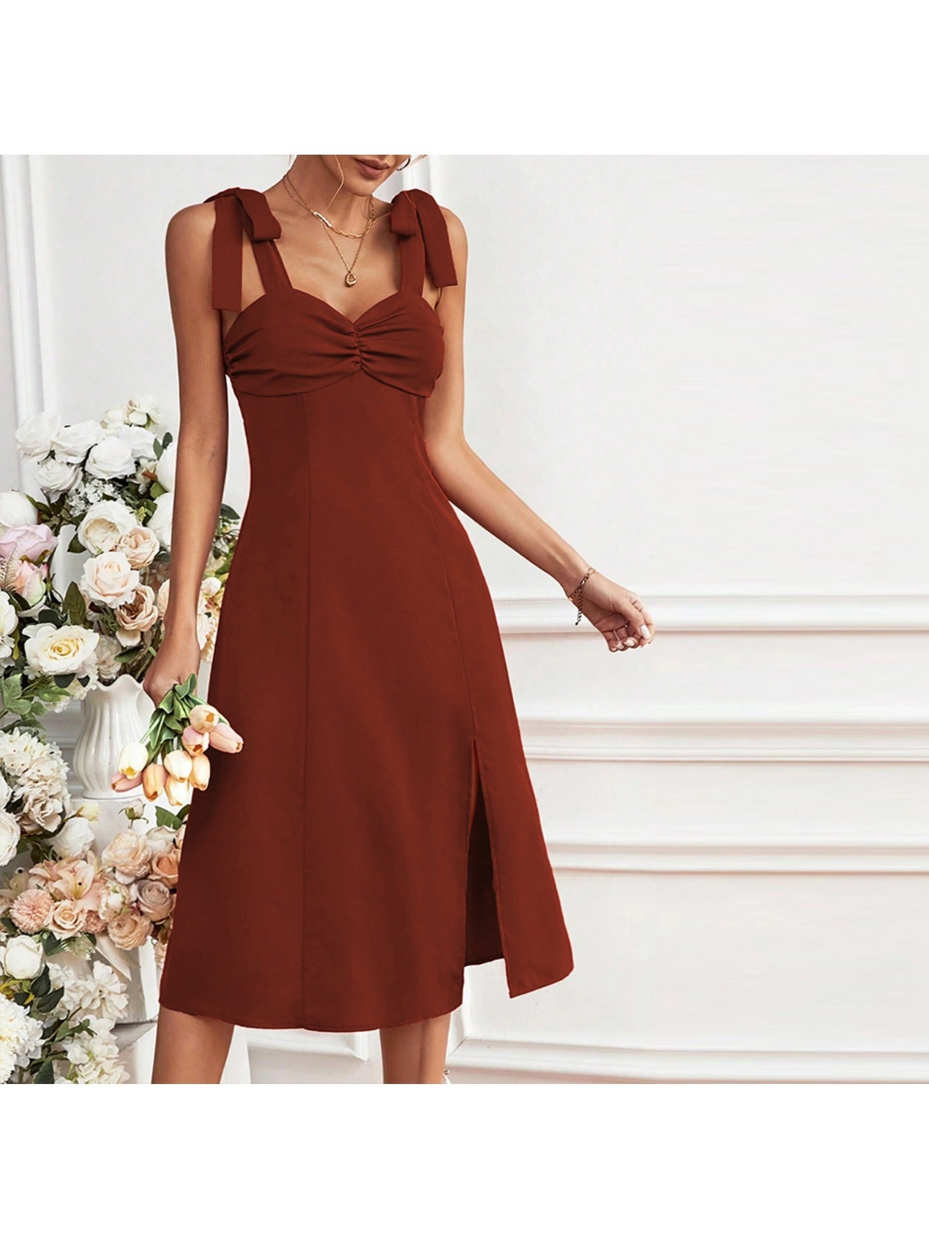 Line -Neck Shimmer Midi Dress - Front Ruching & Side Slit Waist-Defining Dress Suitable for Date Night, Spring/Summer Wedding Guest Dress - Machine Washable Solid Color Elegant Dress