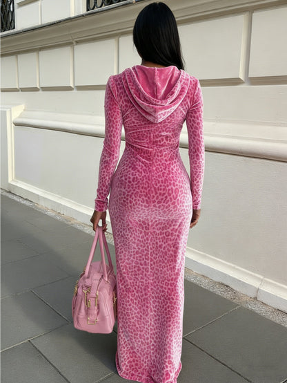 Pink Leopard Print Hooded Zipper Slim-Fit Maxi Women's Dress | Eye-Catching Retro Fashion for Daily Outings, Friend Gatherings & Casual Dates, Perfect for Fall/Winter Occasions