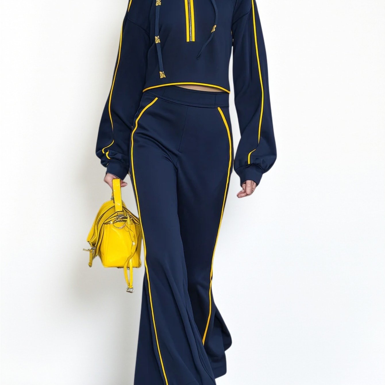 Navy Blue with Yellow Stripes Hooded Half-Zip Cropped Top + Wide-Leg Pants Women'S Suit Set | Stylish Trendy Minimalist Commute Vibe Perfect for Daily Outings, Leisure Commutes & Relaxed Outdoor Multi-Scene Looks | Solid Colo