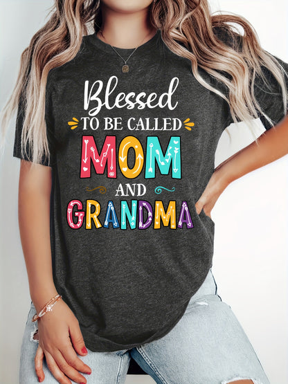 Mom Grandma Print Crew Neck T-shirt, Casual Short Sleeve Top For Spring & Summer, Women's Clothing