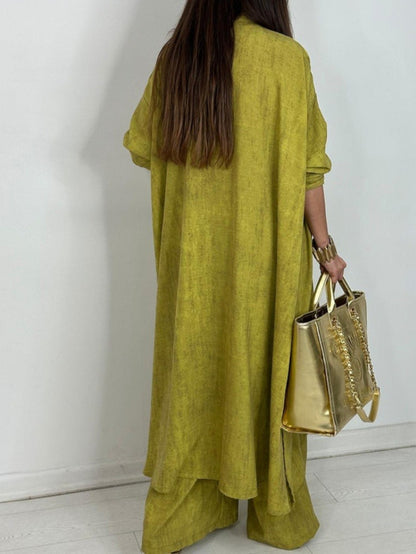 2pcs Olive Green Wide-Leg Pants Set | Vintage-Inspired, Relaxed-Fit Long Coat Paired with High-Waisted Wide-Leg Pants, Perfect for Island Getaways And City Strolls, Suitable for Fall/Winter.