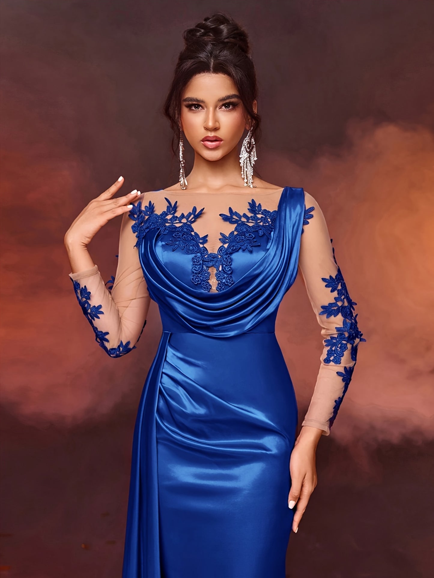Elegant Long Ladies' Gown with Lace Detail | Solid Color, Contrast Mesh, Long Sleeve, Gown Hem, Ideal for Christmas, Birthday, Graduation, Travel