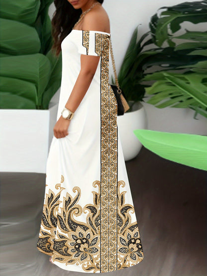 Plus Size, Women's Elegant Off-Shoulder/One-Shoulder Maxi Dress with White Golden & Black Floral Print - Mermaid Top & Flowy Maxi Wedding Guest Gown, Prom Dress, Beach Party Outfit - Machine Washable Year-Round Dress