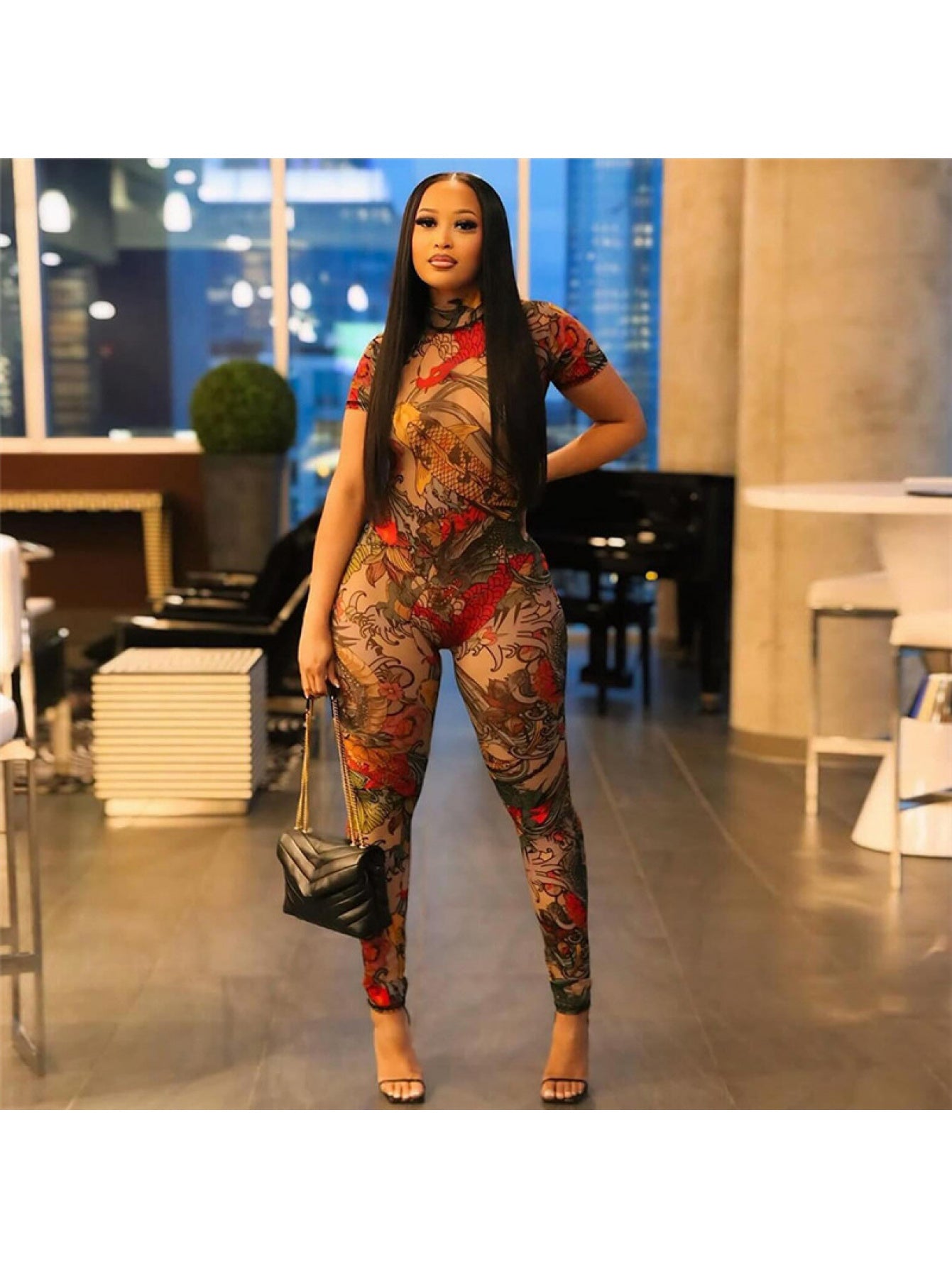 2025 Summer New Women'S Backless Fashion Printed Transparent Mesh Jumpsuit | European and American Style, Sexy, Crew Neck, Suitable for All Seasons.