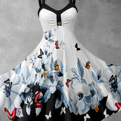 [Retro Print Dress] This fashionable Women's dress features a floral and butterfly print patchwork design. The cinched waist dress is elegant and retro