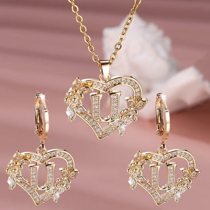 3pcs Women's Initial Jewelry Set - Heart-Shaped Interlocking Link Necklace & Earrings with 26-Letter Monogram, Elegant Golden-Tone -Accented Letters, Dainty Everyday Gift for Mother's Day, Graduation, Birthdays (Pink & Clear