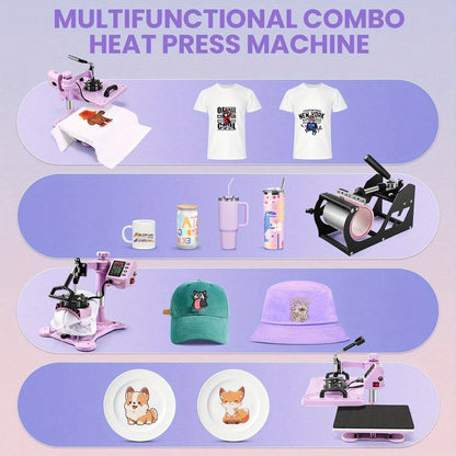 This Is a Versatile Heat Press Machine Combo Featuring an 8 in 1 And 5 in 1 Design, with Dimensions of 15"X15" And 15"X12". It Has a Rotatable Design And Is Suitable for Transferring Images Onto Various Items Such As T-Shirts