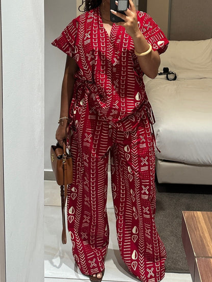 2pcs Set Geometric Print Short-Sleeve Fitted Top And High-Waist Wide-Leg Pants | Women'S Vintage Ethnic-Style Design, Suitable for Daily Autumn And Winter Commuting, Casual Luxury Gatherings, And Trendy Streetwear
