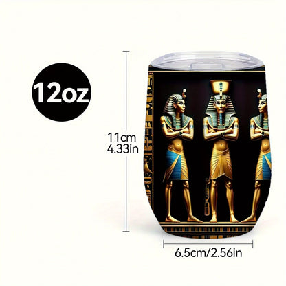 1pc Egyptian Hieroglyphs & Pharaohs Tumbler with Lid & Straw - 12oz/20oz Insulated Travel Mug, Double-Wall Vacuum Cup with Golden & Black Egyptian Design, Tutankhamun & Anubis Pharaohs, Ideal Gift for History Buffs, Christmas